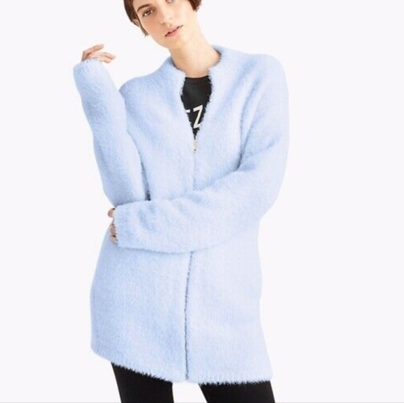 POINT SUR J. Crew Fuzzy Zip Blanket Cardigan Jacket Large Fluffy Warm Cozy Blue - Picture 1 of 8